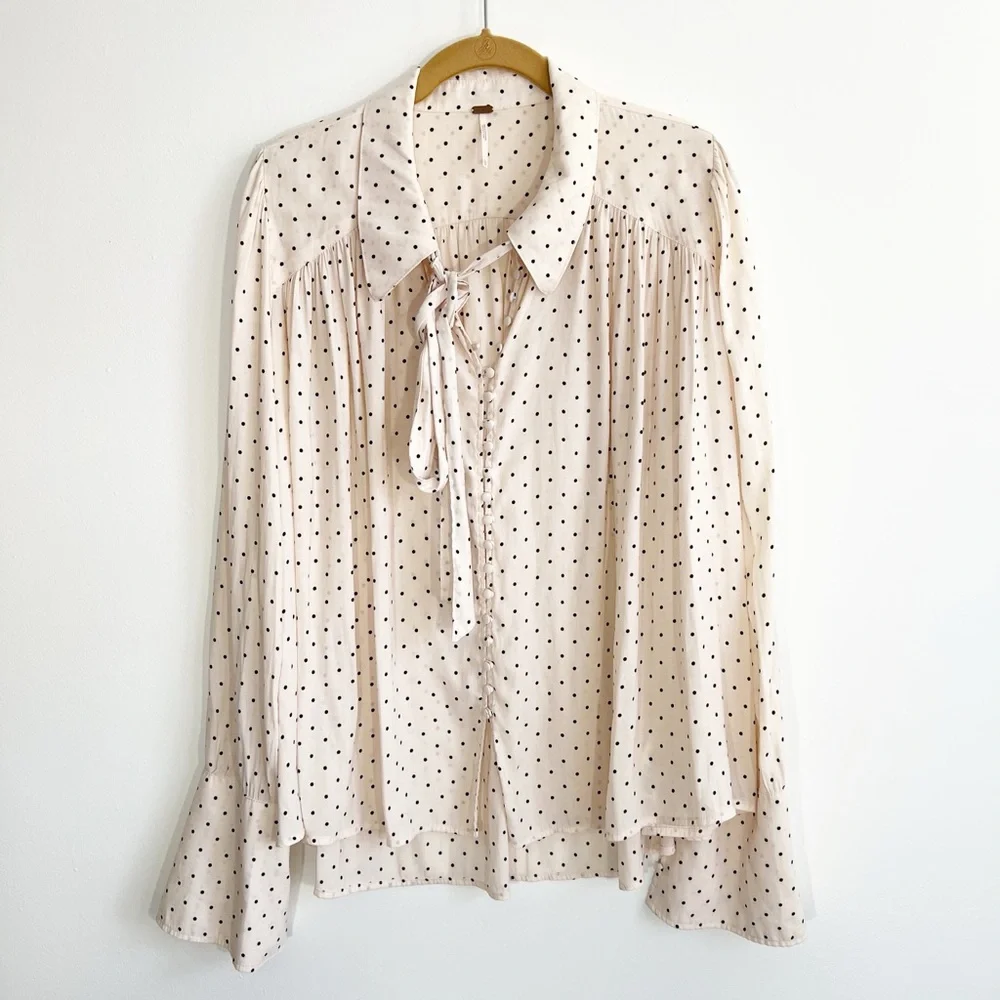 Free People Beige Pink Kennedy Button Down Polka Dot Bell Sleeve Blouse Size L - Picture 6 of 13